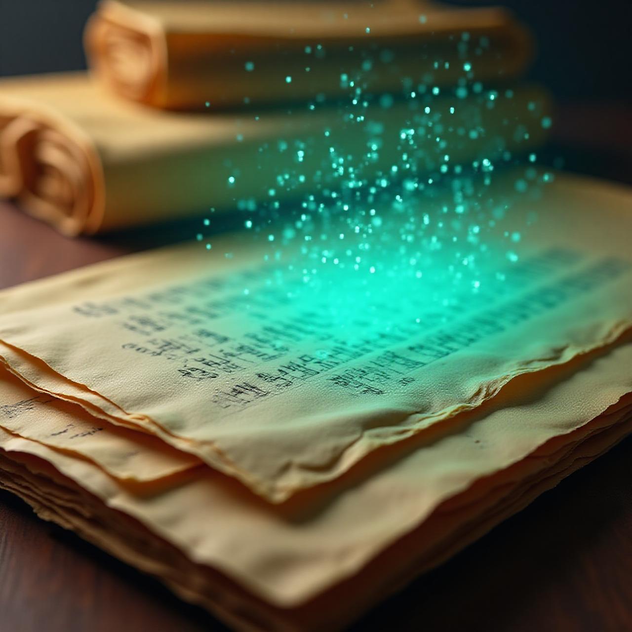 Close up of historical parchment documents being scanned by a modern digital lens